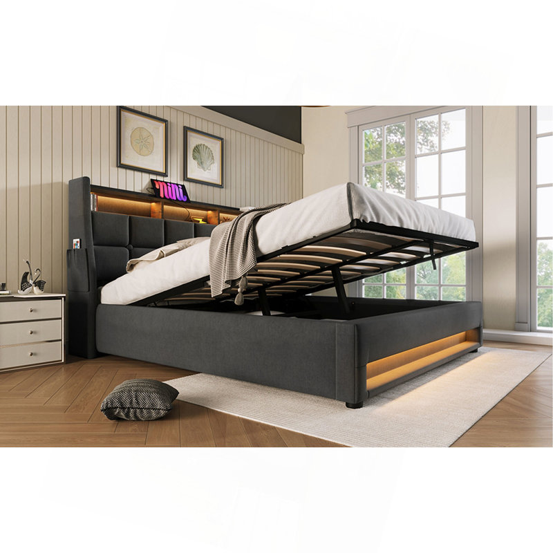 Lit plateforme tapissier double avec système de rangement hydraulique, chargement DEL et USB, gris (sans matelas), Gris