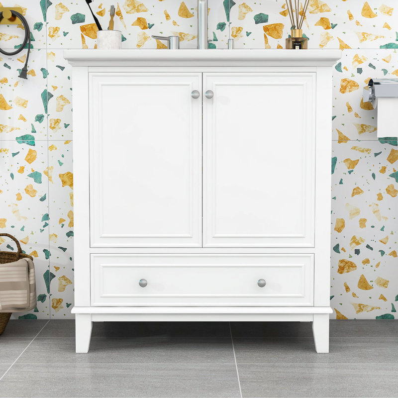 Meuble-lavabo simple 30 po avec plateau en céramique Niyoka, Blanc