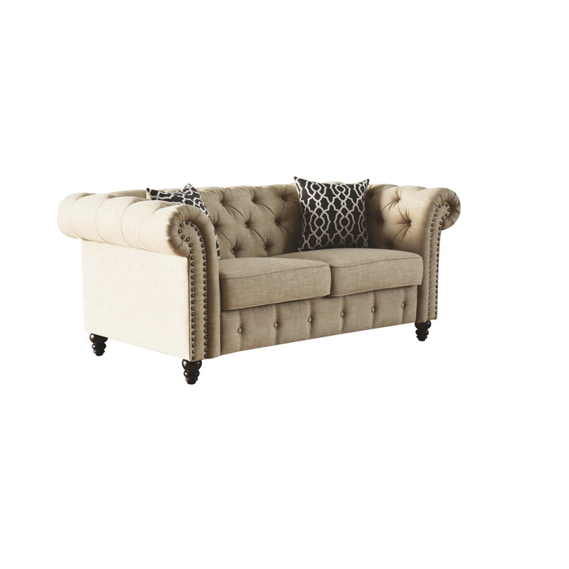 Transitional Tufted Loveseat with 2 Pillows in Beige