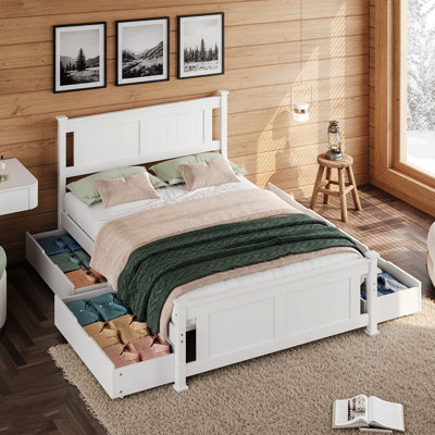 Lit pleine grandeur en bois massif avec 4 tiroirs de rangement et tête de lit, lit plateforme minimaliste moderne pour enfants, adultes et invités, blanc