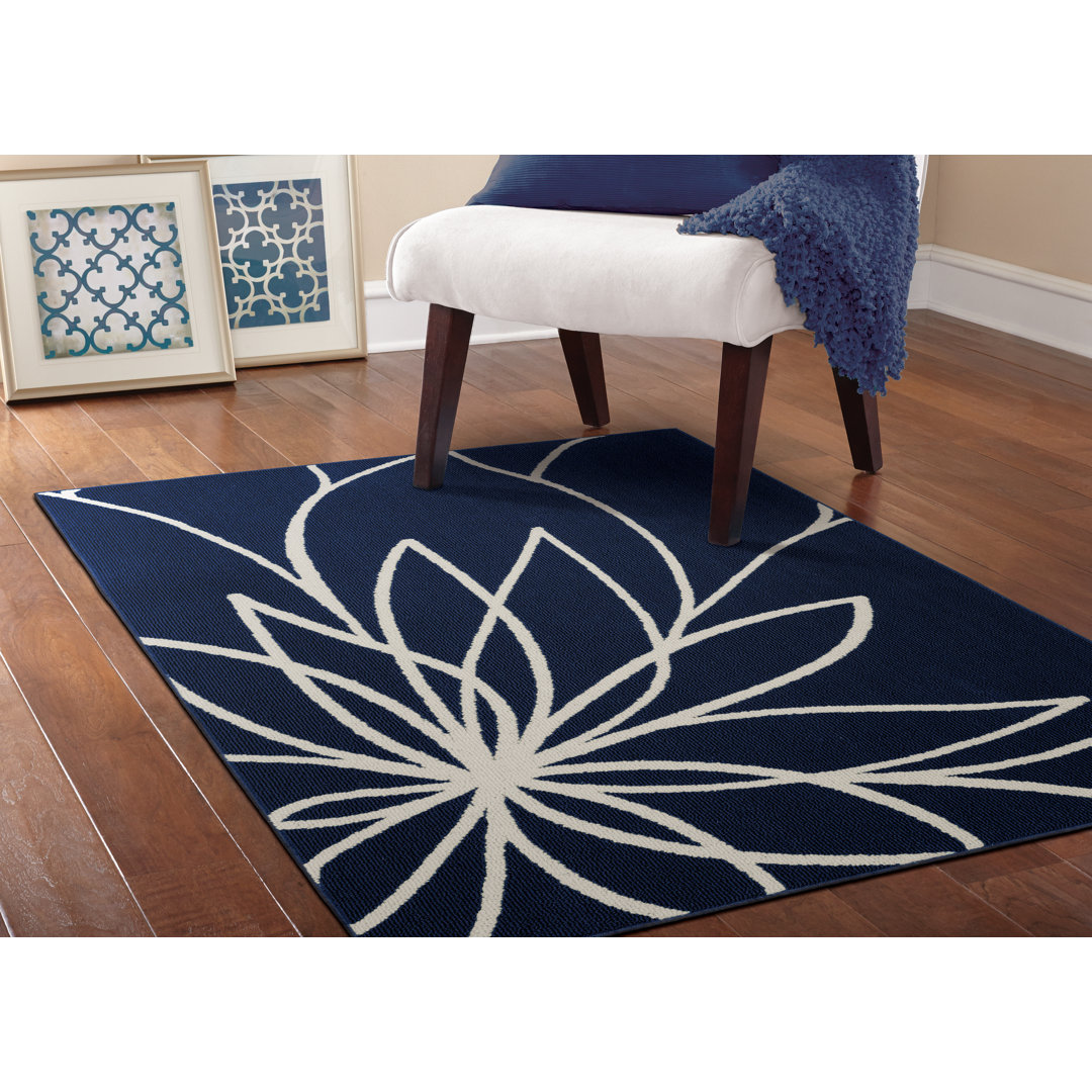 Brackenmore Floral Tufted Indigo/Ivory Area Rug Ebern Designs