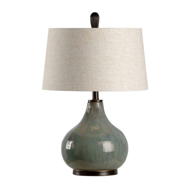 Moss Green Ceramic Table Lamp with Linen Shade