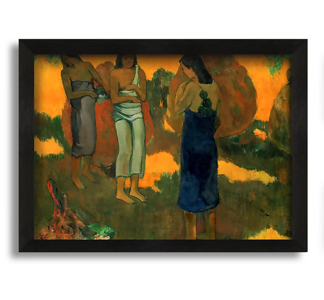 Gerahmtes Leinwandbild Three Tahitain Women Against A Yellow Background von Gauguin