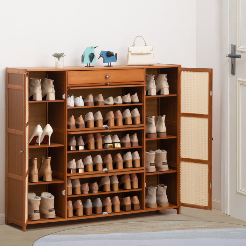 Armoire à chaussures en rotin à 6 niveaux avec tiroir de rangement pour 32 paires et 8 compartiments à bottes