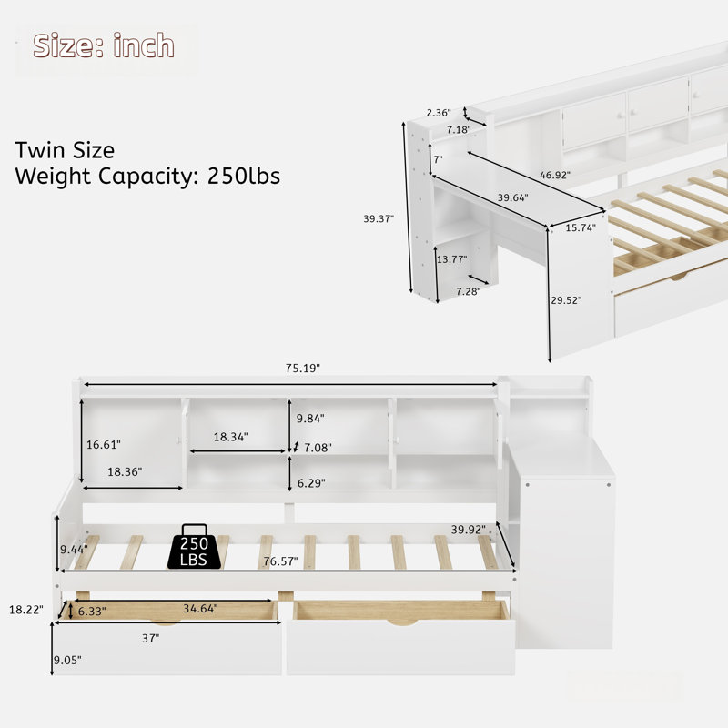 Wooden L-shape Daybed With Seven Storage Cabinets, Study Desk, Built-in Bookshelf And Two Drawers, White, Twin
