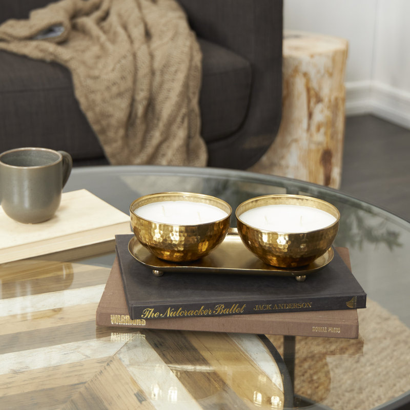Metal Tropical Breeze Scented Hammered 12 oz 2 Wick Decorative Candle with White Wax Set, 3.3" H x 10.25" W x 5.3" D, Gold