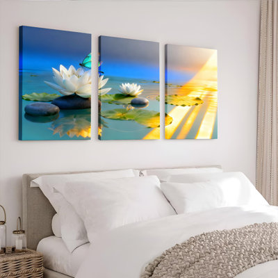 Lotus Flower and Butterfly Sunset Landscape Canvas Wrapped Wall Art Oil Painting Print Set of 3