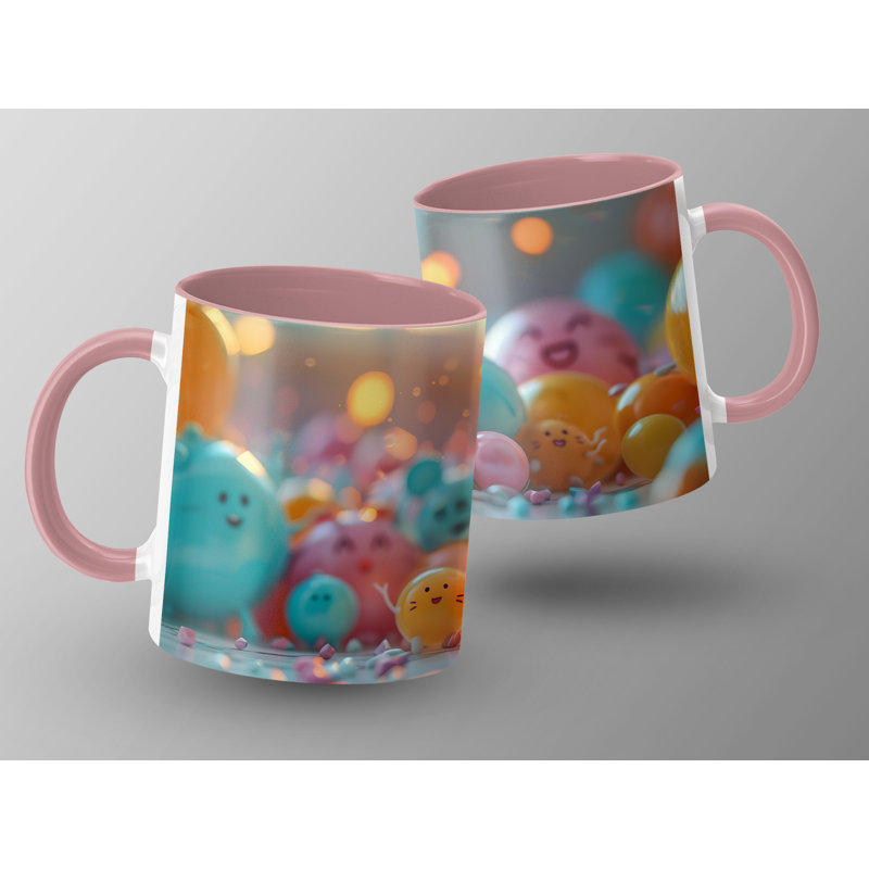 Set of 2 3D Design 11oz Accent Mugs – Ceramic Coffee Cups with a Pink Handle and Interior