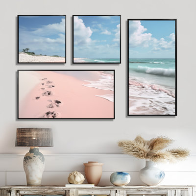 «Pink Minimalisme Beach Landscape II», art mural sur toile rose 4 pièces