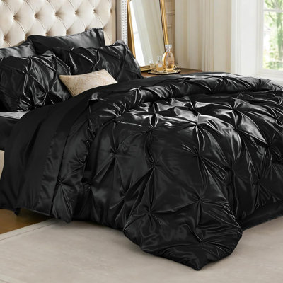 BEDELITE King Pintuck Bed-in-a-Bag – Black Satin Comforter with Sheets, Pillowcases & Shams