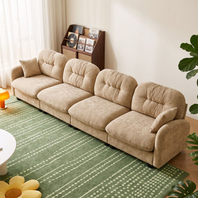 140" Extra-Long Chenille Modular Sofa, Oversized 5 to 6-Seater Deep Seat Cloud Couch with Pocket Spring Cushions and 2 Pillows for Large Living Room, Home Theater, Camel