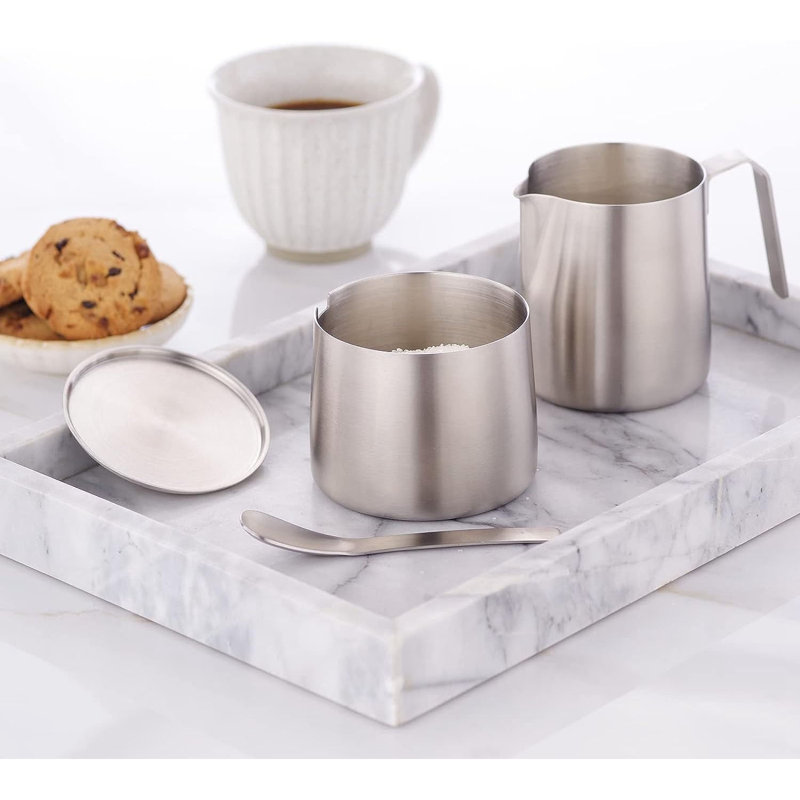 Stainless Steel Sugar Bowl And Creamer Set, With Spoon And Anti-Drip Spout, Stackable Design, Brushed Silver