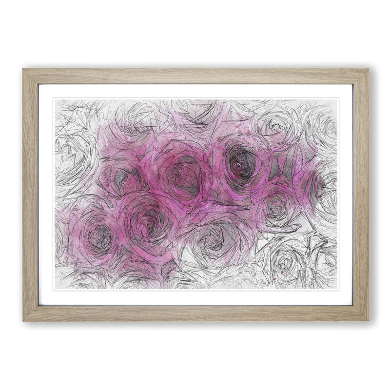 Wall of Bright Pink Roses in Abstract - Picture Frame Graphic Art Print, 50cm H x 76cm W x 2cm D, Oak