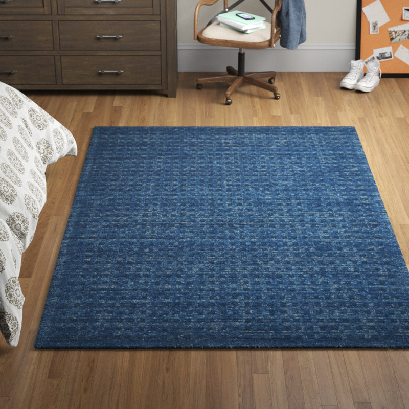 Tapis bleu marine en laine crocheté à la main, Rectangle 6 pi 6 po x 9 pi 6 po