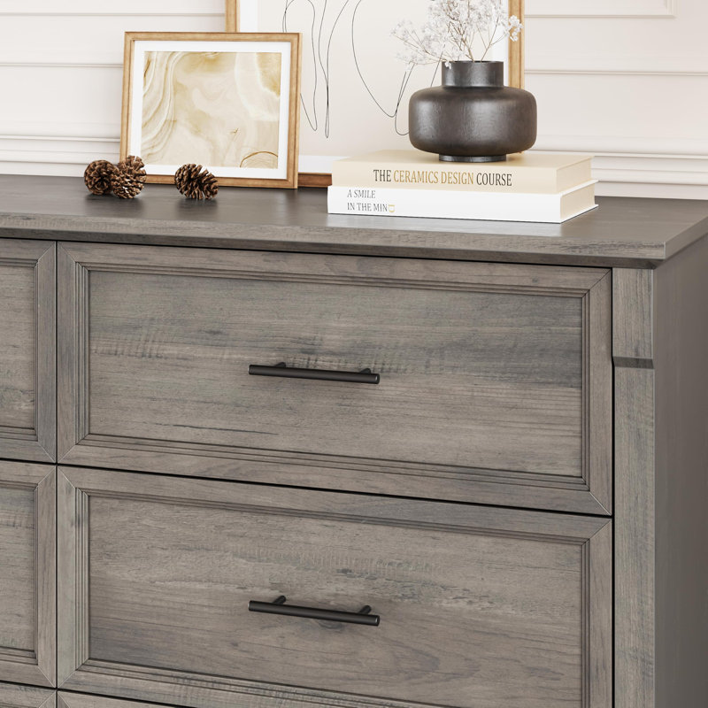 Farmhouse 6 Drawer Dresser for Bedroom, Rustic Chest of Drawers with Metal Handles, Large Double Dresser TV Stand, Gray