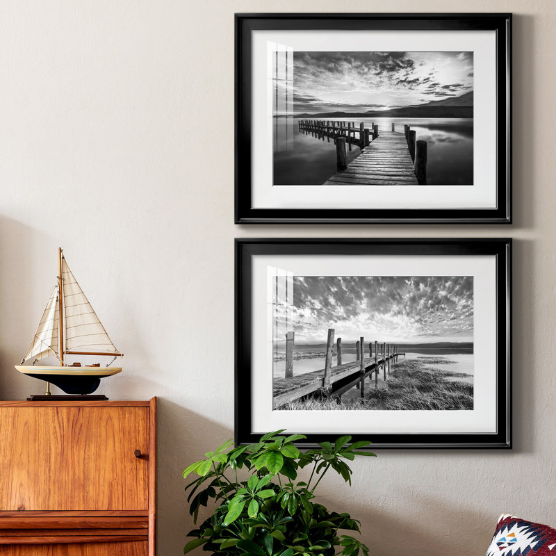 Evening Dock - Ensemble de 2 reproductions d'art sur toile encadrées, H 22,5 po x l 61 po x P 1,5 po, Noir, Blanc
