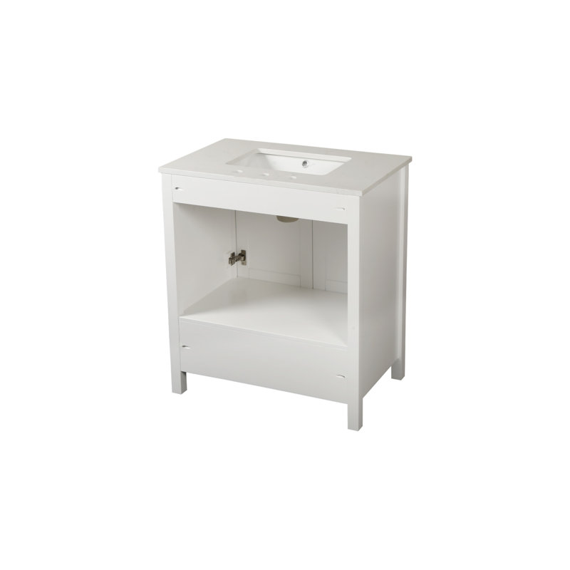 Meuble-lavabo autoportant de 30 po avec lavabo, comptoir en marbre d'ingénierie Carrara, lavabo en céramique encastré et porte de rangement à fermeture en douceur