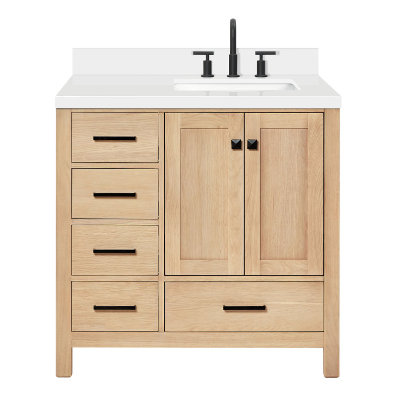 Cambridge 37'' W Single Vanity, Oak, Pure White Quartz, Matte Black
