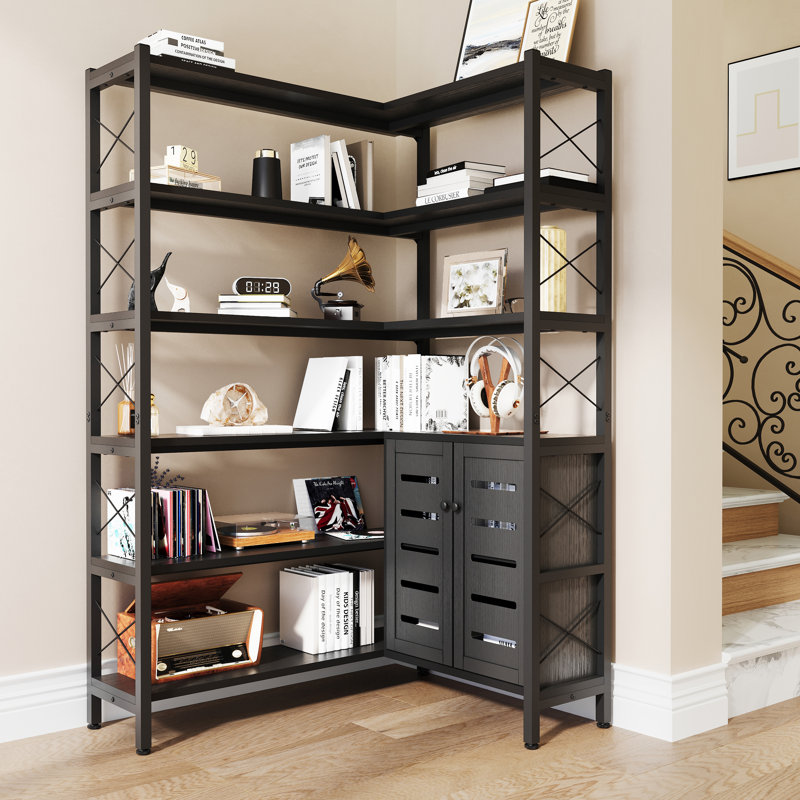 Black Wood Industrial Corner Bookshelf with Storage Cabinet