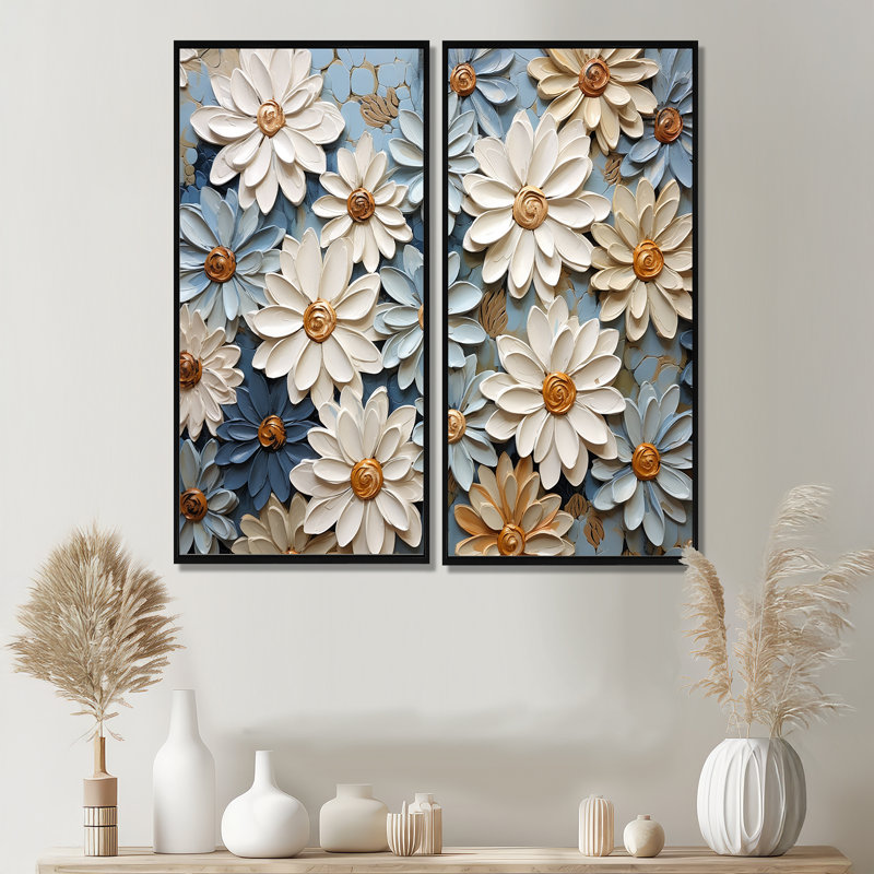«Blue Blooms Zinnias Flowers» - art mural blanc, H 32 po x l 32 po, Impression encadrée flottante, Noir, noir, noir, noir