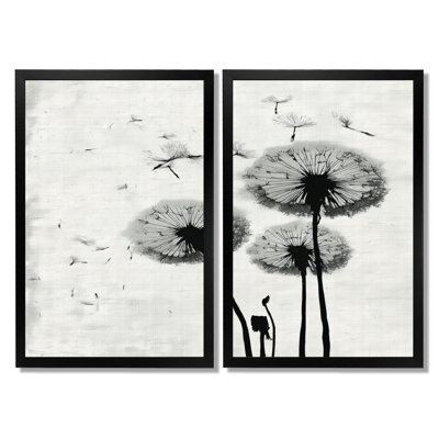 «Vintage Dandelion Spring Breeze», impression sur toile encadrée de pissenlit, art mural floral noir 2 pièces