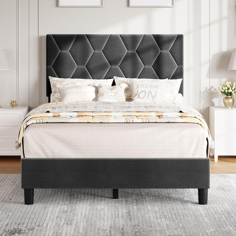 Cadre de lit simple avec tête de lit ajustable, cadre de lit rembourré, gris, Simple - gris