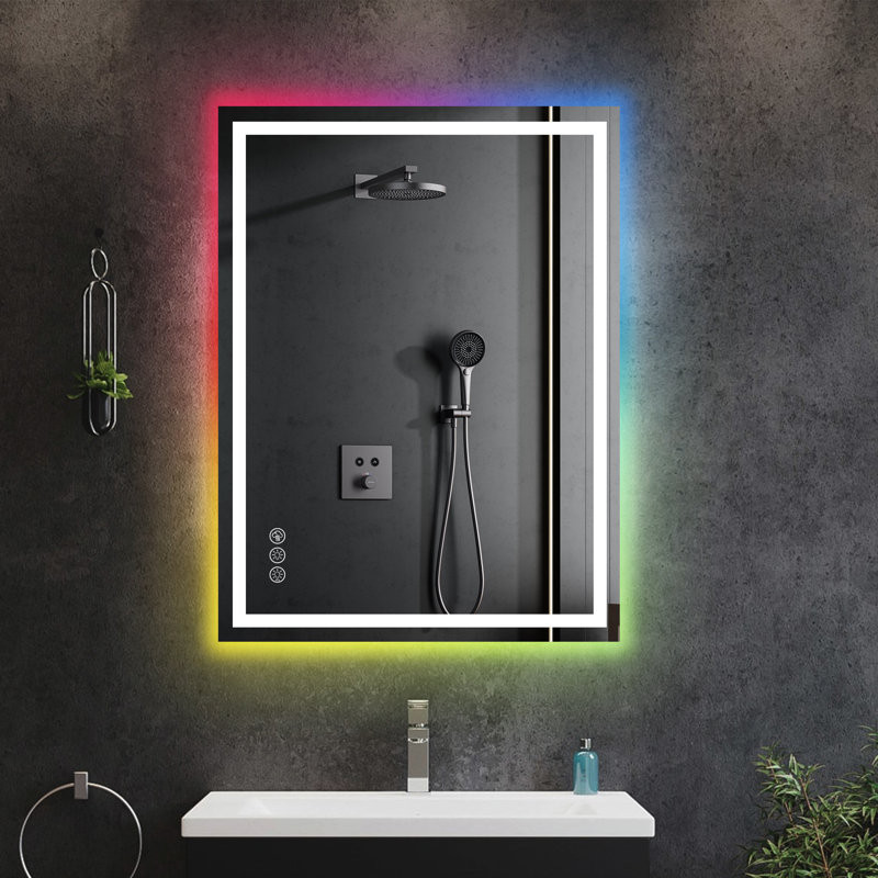 Miroir de salle de bain rectangulaire sans cadre anti-buée RVB rétroéclairé et à DEL avec verre trempé, 25,79 po x 34,06 po