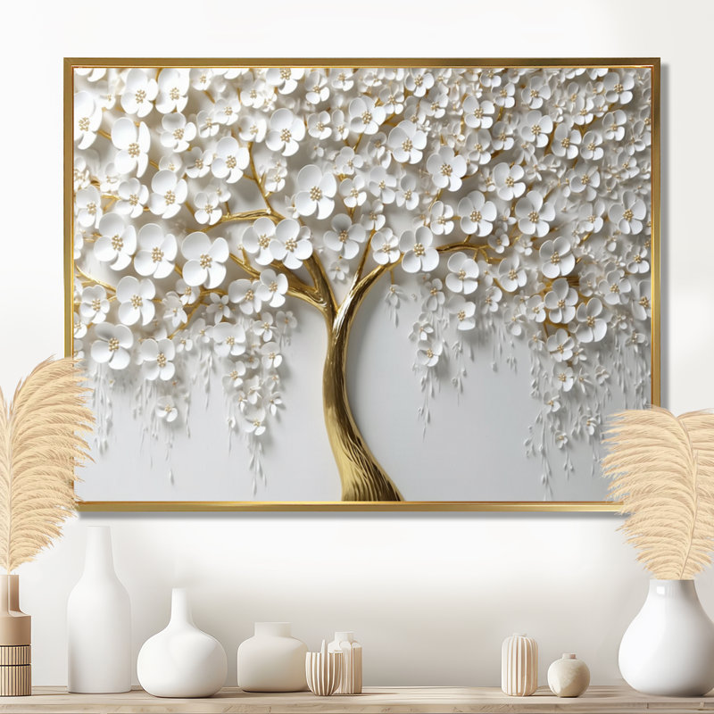 «White Orchid Tree Garden Of Branches III», reproduction d'art sur toile florale (sans texture), H 30 po x l 40 po, Doré