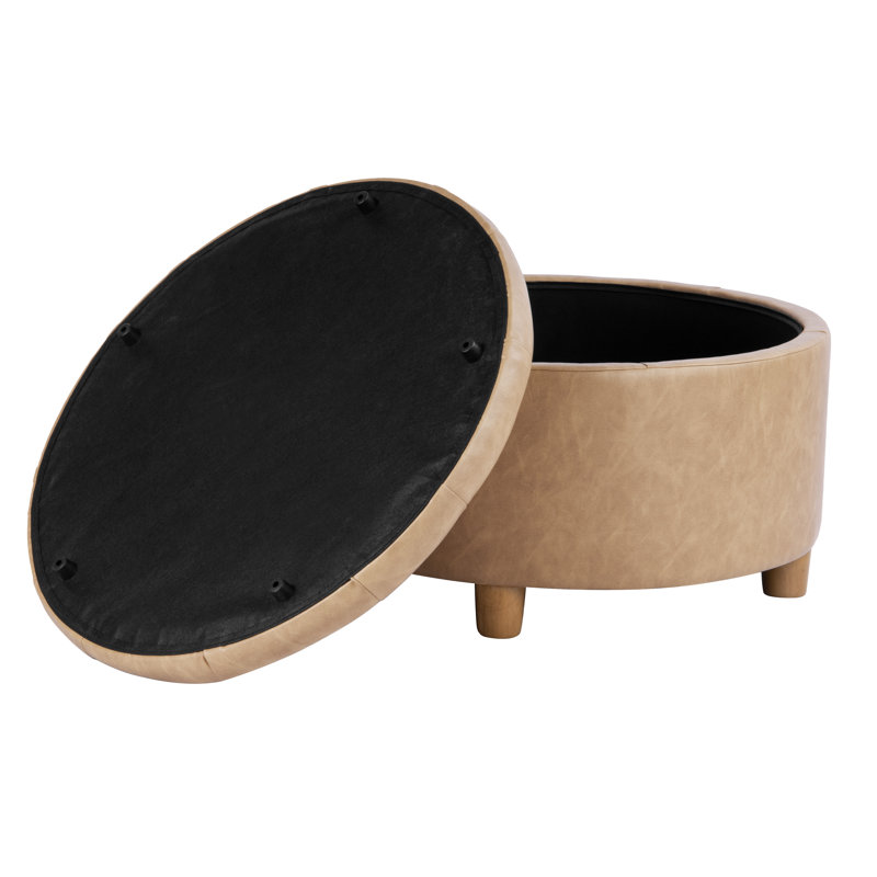 Repose-pieds rond avec rangement Hodosh - Similicuir brun, Similicuir sable