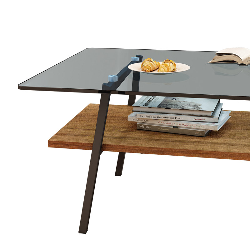 Table basse rectangulaire, plateau de table en verre trempé avec pieds en métal noir, table de salon moderne, verre gris (Old Sku: W241126034)
