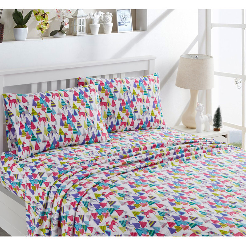 Ensemble de draps en flanelle Unicorn Forest, Ensemble de draps pour lit double + un drap-housse