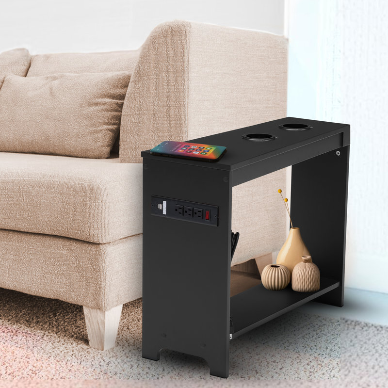 Keymia End Table with USB Ports & Outlets, Wooden Side Table for Bedrooms, Modern End Table, Black
