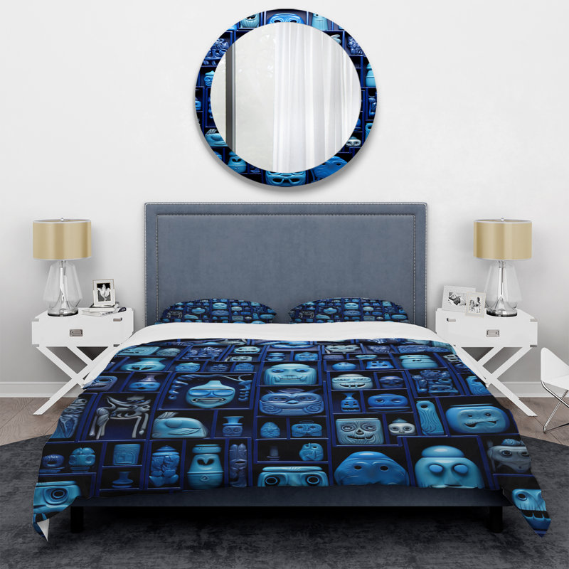 Blue Mask Moroccan Tiles - Abstract Tile Duvet Cover Set, King Duvet Cover + 2 King Shams