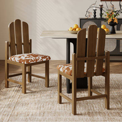 Rustic Wood Dining Chair, Cow‑Print Upholstered Seat Farmhouse Side Chair, Fully Assembled