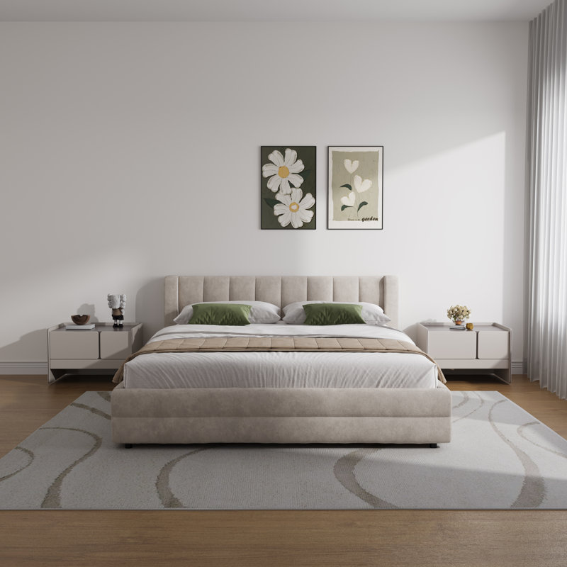 Chenille Upholstered Platform Bed Frame With Padded Headboard And Storage Drawer, Queen, Beige