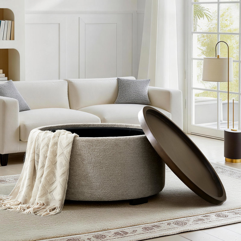 Caysey 30.1" W Upholstered Round Storage Ottoman with Wooden Tray, Light Brown