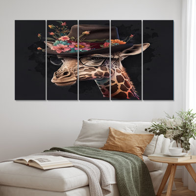 Portrait de girafe avec des lunettes et un chapeau II - reproduction d'art girafe animaux - 5 panneaux égaux