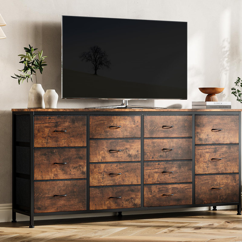Meuble télé 63 po avec 14 tiroirs en tissu, commode longue pour téléviseur jusqu'à 75 po, centre de divertissement avec prise de courant