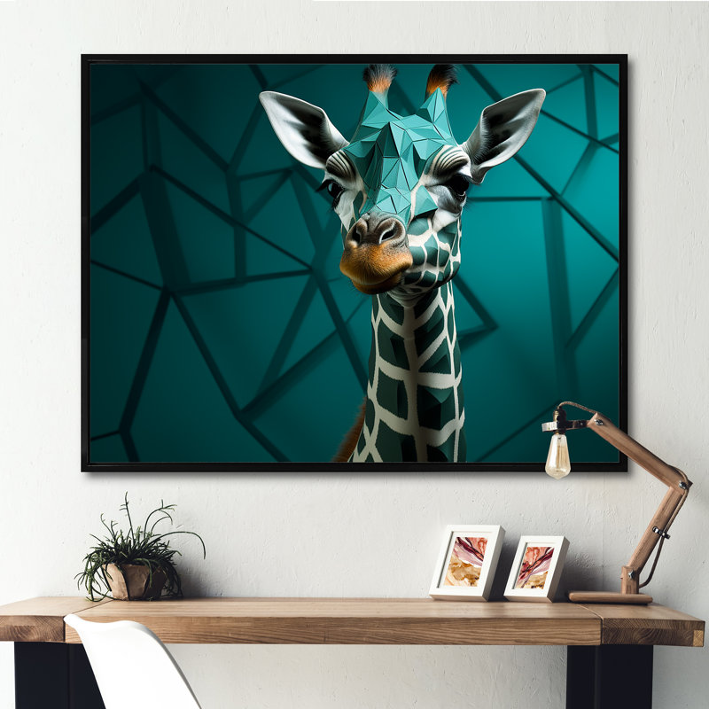 Girafe verte cubiste Grace II, H 30 po x l 40 po x P 1,5 po, Cadre flottant noir