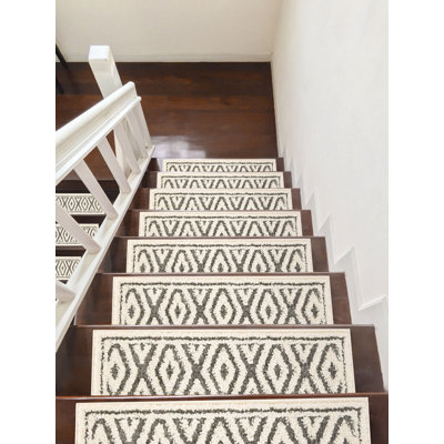 Tapis d'escalier à losanges blanc / gris Sofihas - Lavable à la machine avec envers en caoutchouc antidérapant
