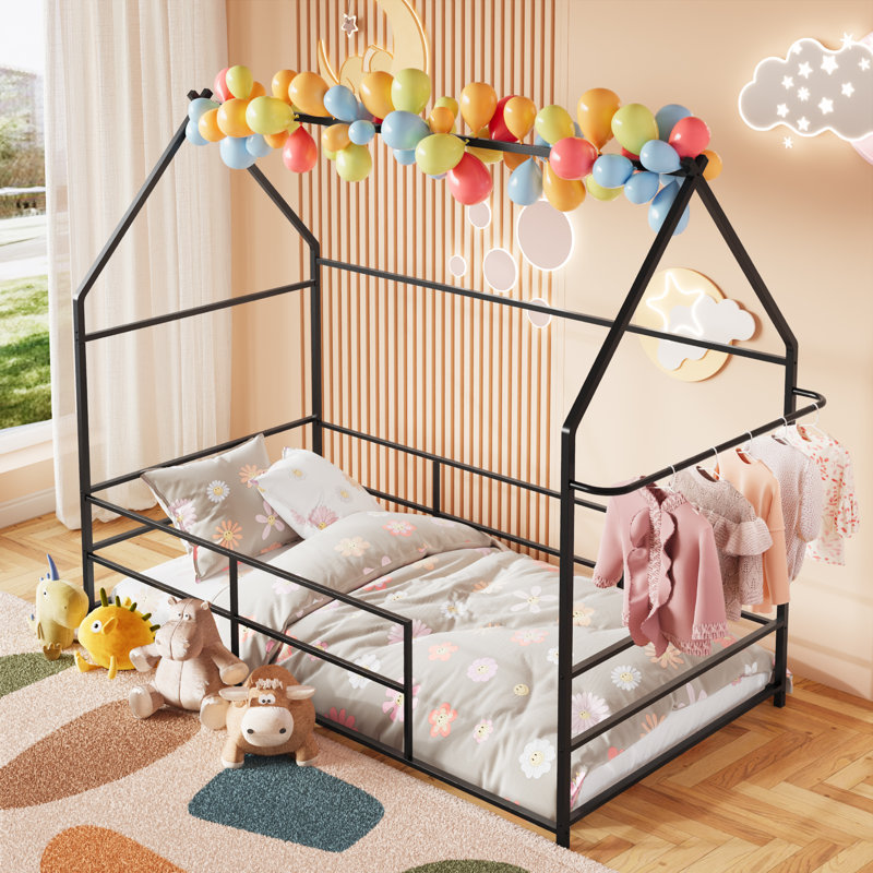 Twin Floor House Bed, Metal Twin Floor Bed Frame With Headboard & Footboard, Black