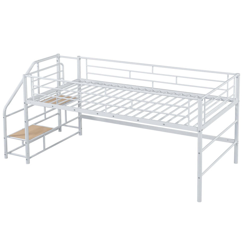 Lit mezzanine moyen avec escalier de rangement, lit simple, Blanc