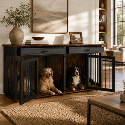 Meuble pour chien de 72,4 po de largeur avec 2 tiroirs et portes, chenil en fer robuste, noir et peau de tigre