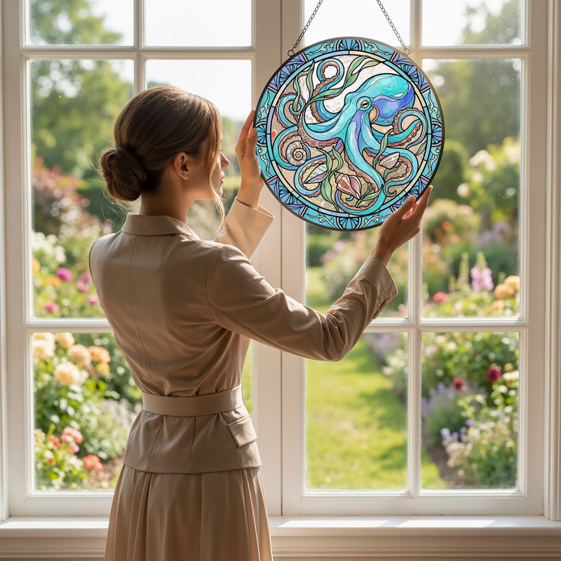 Panneau de vitrail Octopus Art, 7,8 H, 7.8"H
