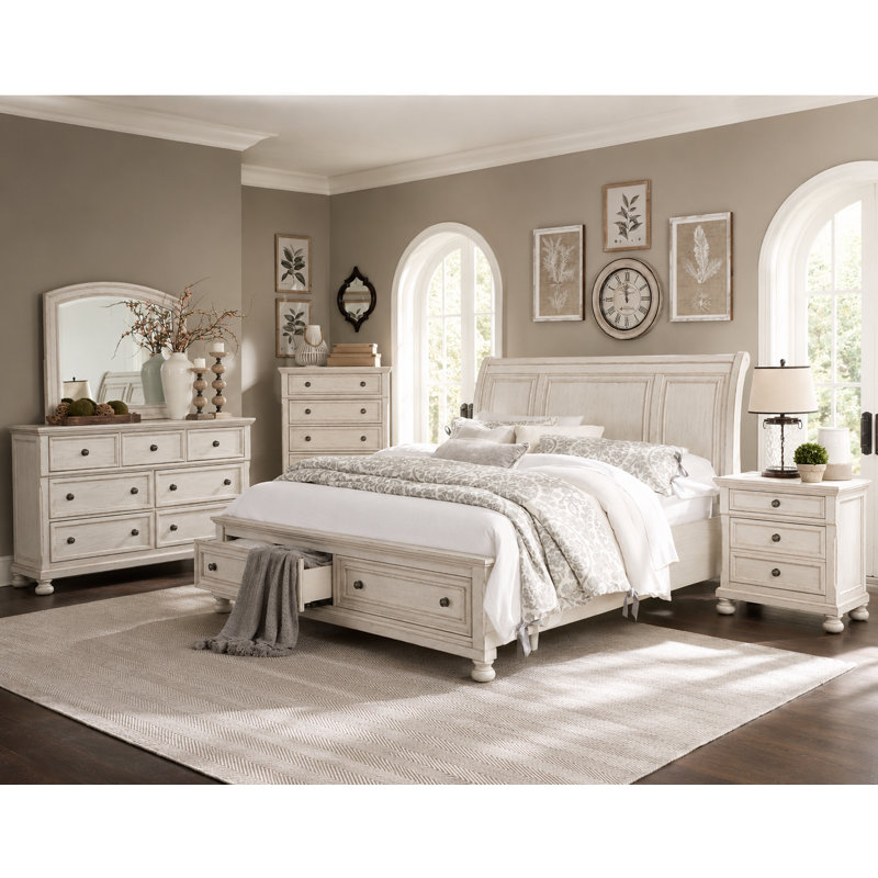 Alek Transitional Storage Platform Bed with Dovetail Footboard Drawers, California King, Antique White