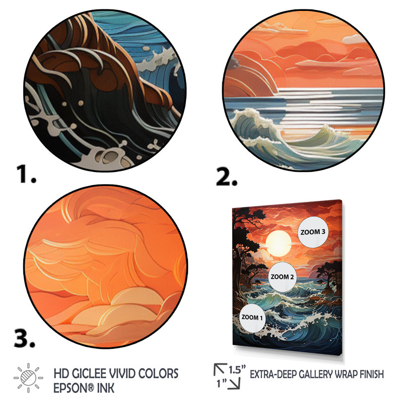 «Coastal Sunrise Reflections Papercut II», impressions sur toile, H 40 po x l 30 po x P 1,5 po, Cadre flottant noir