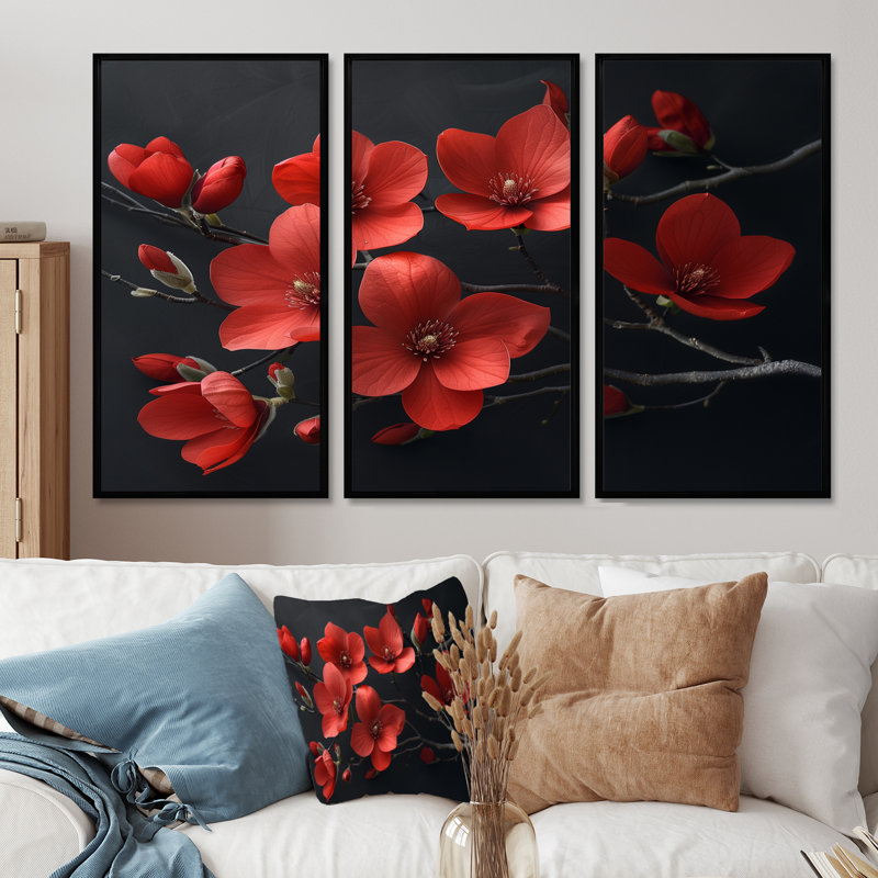 Ensemble de décoration murale Ritzman - Magnolias, Toile avec cadre flottant noir, H 32 po x l 48 po x P 1 po