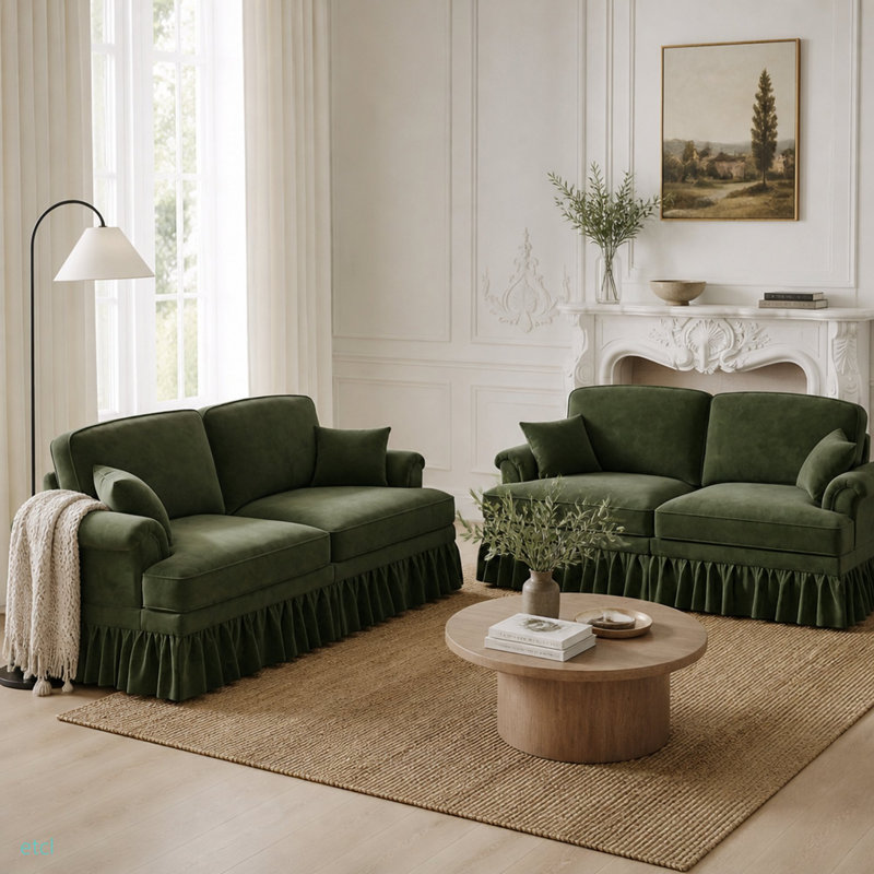 Ensemble de canapés en chenille avec accoudoirs évasés et pieds fuselés Mid Century, Green