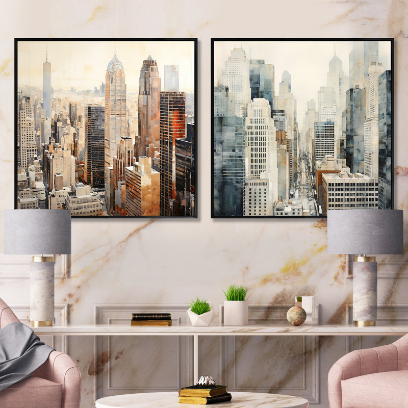 Ivory Infinity Skyscraper Cityscape - ensemble de 2 gratte-ciel carrés, Cadre flottant noir, H 36 po x l 73 po