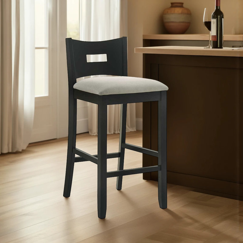 Tabouret de bar en bois d'hévéa avec siège en tissu Barrymore, Gris, Noir, Tabouret de comptoir (siège d'une hauteur de 26,5